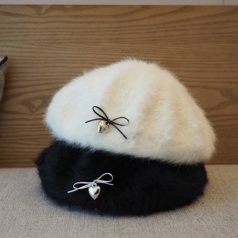 

2024 Autumn/winter 100% Rabbit Fur Beret With Bowknot, Sweet And Fashionable Painter Cap, , Lightweight, Inelastic, With Random Decorative Accessories, Hand Wash/ Only