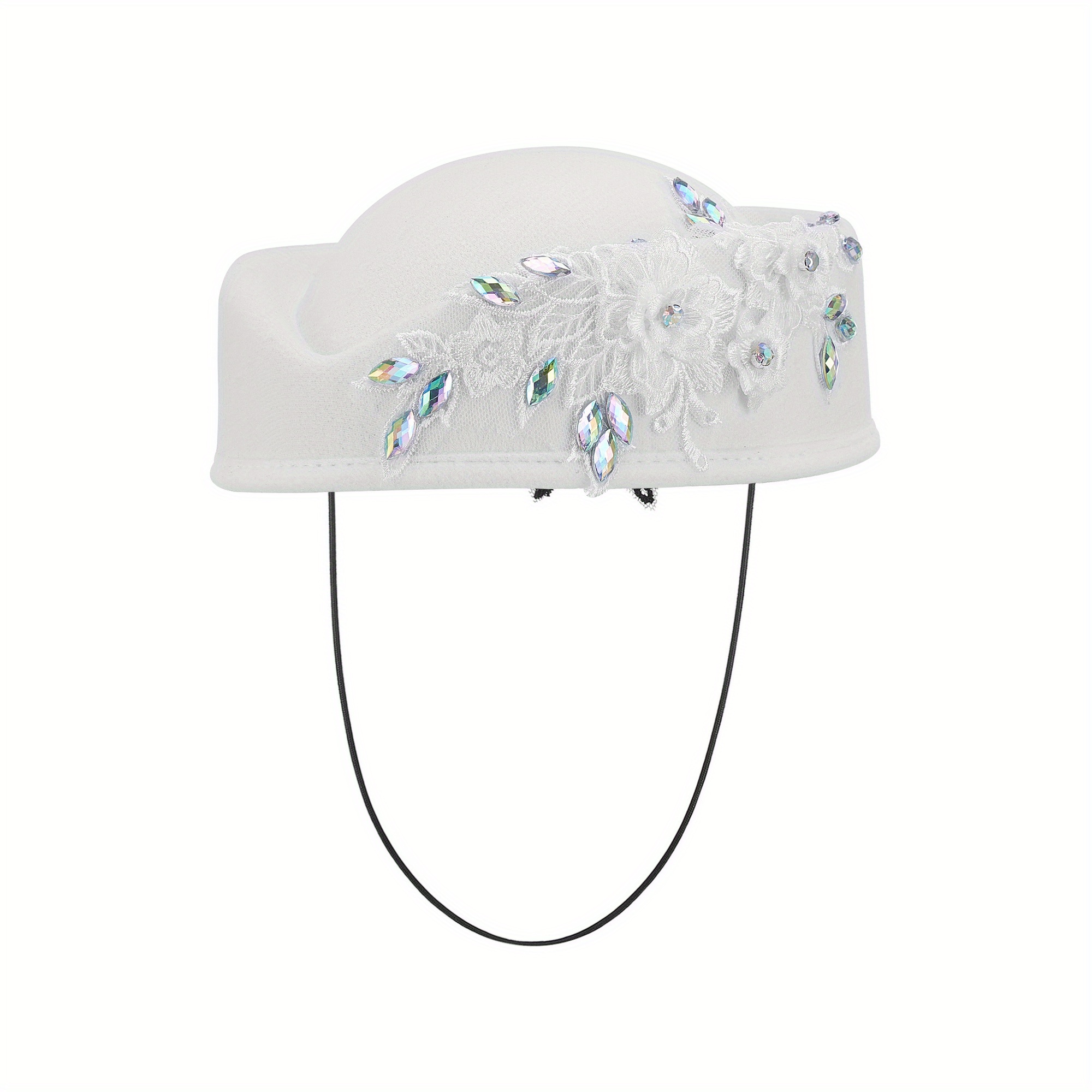 Vintage Felt Pillbox Hat with Floral Applique and Rhinestones Women Vintage Church Hats Diamond Flower Applique Felt  main image 3