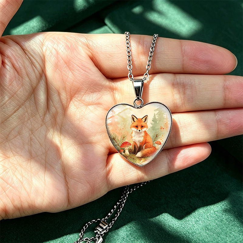 3pc Forest Fox & Red Mushrooms Glass Necklace & Earrings Set