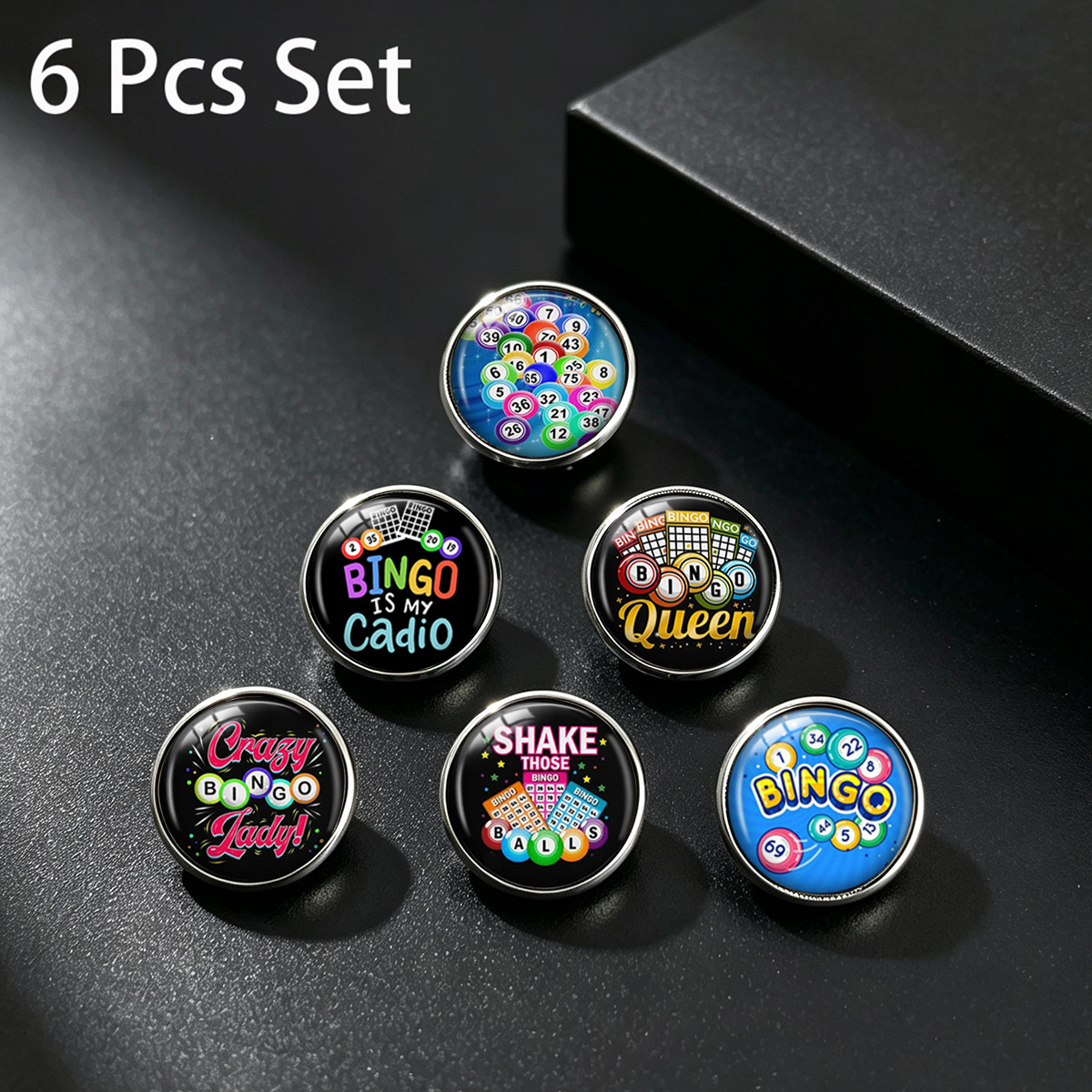 TEMU 6pcs Bingo Number Ball Fun Slogan Print Stainless Steel Lapel Pin Set, Unisex Accessory Pins