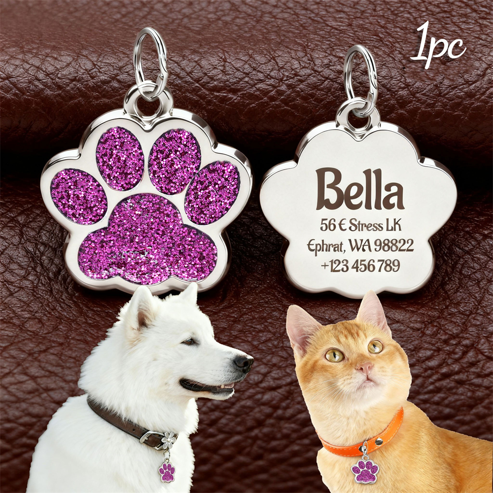 TEMU Customizable Text Glitter Paw Print Pet Tags | Personalized Name, Address, Phone, Suitable For Cats And Dogs, Essential For Pet Lovers, Alloy