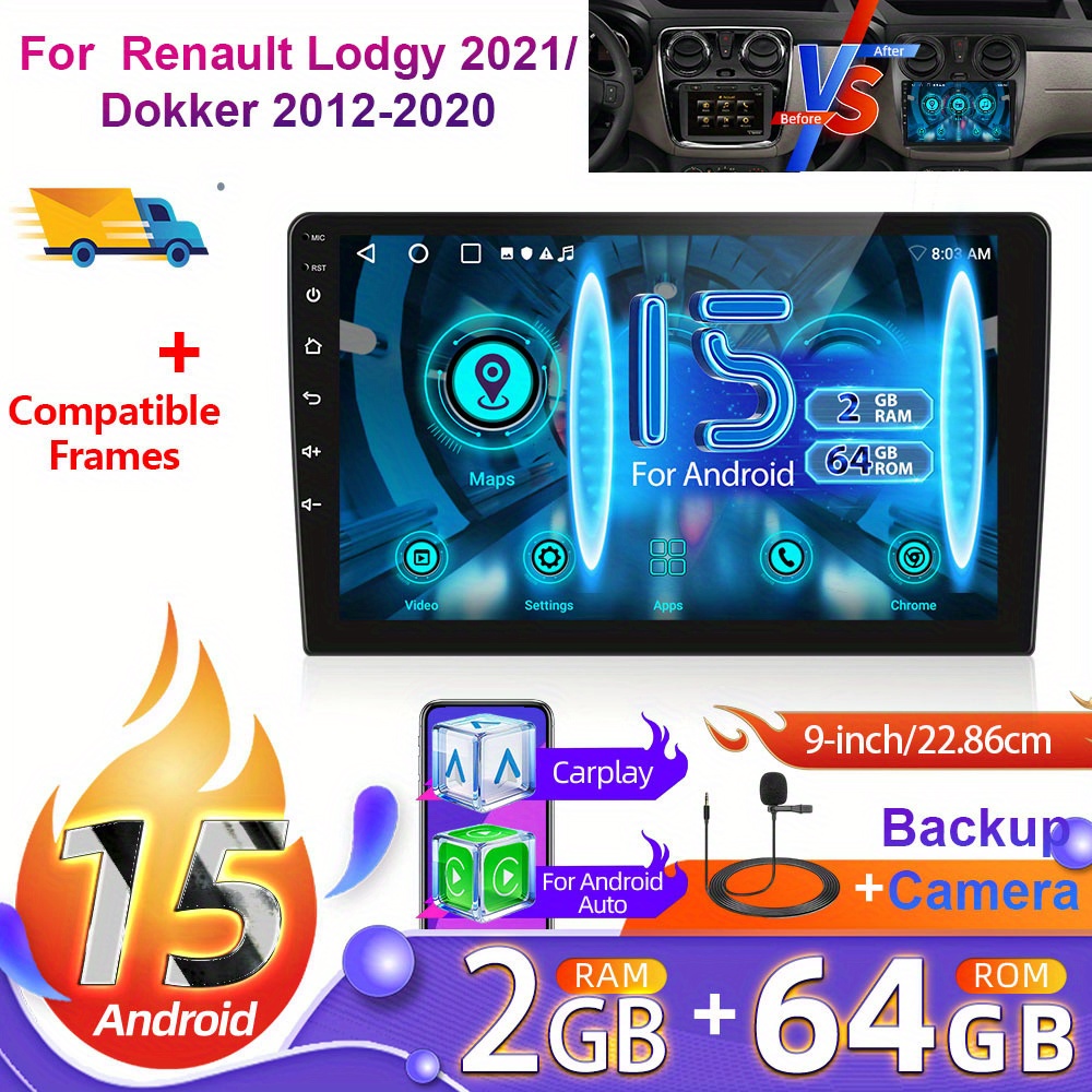 Image of 2+64g 9 Inch 15 Car Radio For Renault 2021/ 2012-2020 (frame Included) With Rear View Camera, Hd Touchscreen Radio With Auto Wifi Gps Eq Swc Fm And Canbus, Without Battery