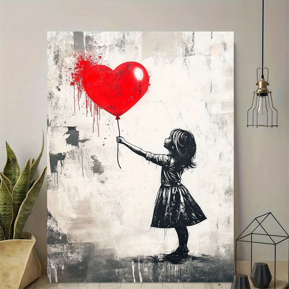 2d flat, 2d flat,  .,   mädchen, die einen   herzförmigen ballon hält, rahmenlose leinwand wandkunst,   vintage design, hochwertiges gedrucktes poster,   office deko