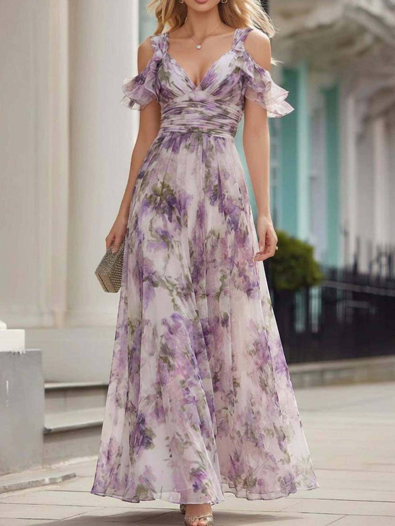 knee length dresses for ladies Renesmee Yellow Floral Print Satin Maxi Dress - US 14 main image 0