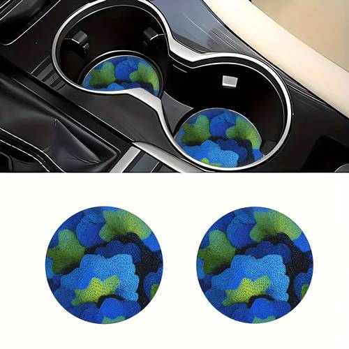 2er-set abstrakte, handbemalte blaue grüne textur-blumenkunst mit schwarzem gitterhintergrund, getränkehalter für den auto, untersetzer, auto-innenraumzubehör für damen, auto-wasserbecher-untersetzer und schreibtischuntersetzer sind ausgezeichnete weihnachts- und neujahrsgeschenke