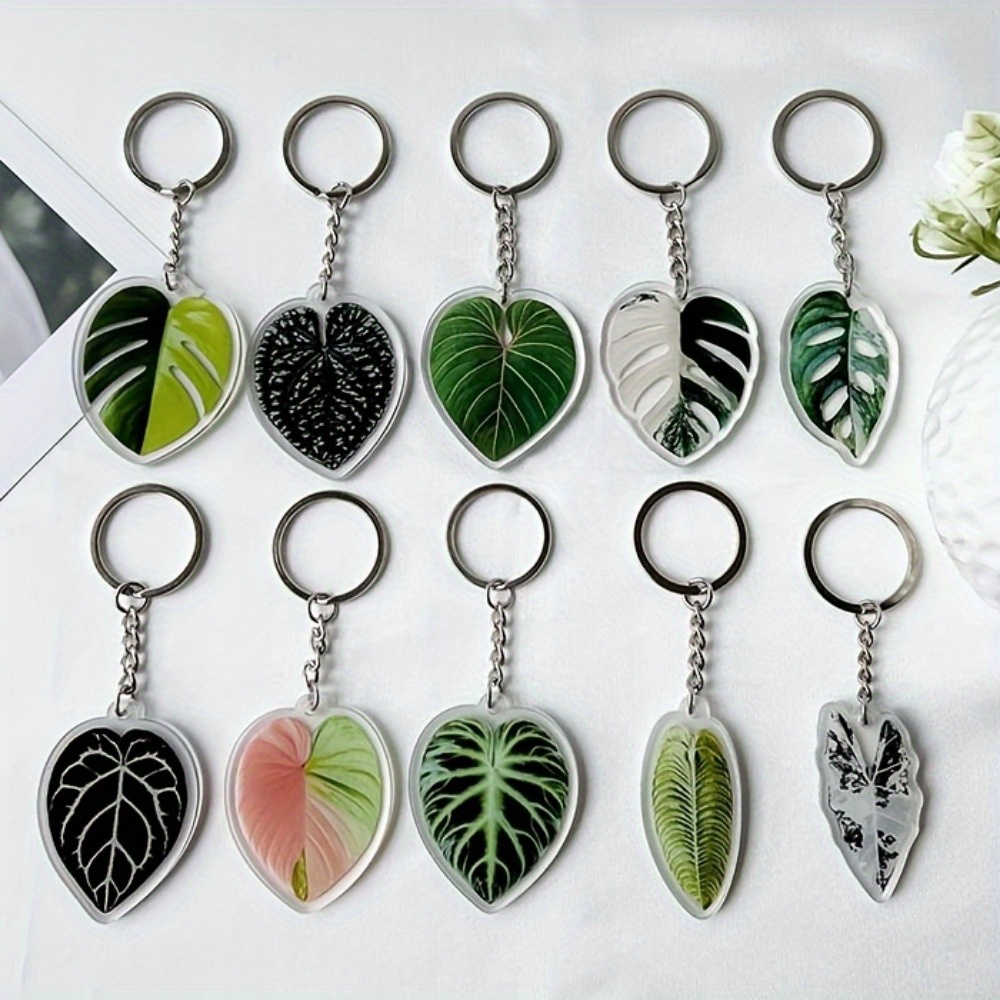 TEMU 10pcs Acrylic Monstera Leaf Keychains - Vibrant Colorful Tropical Plant Design, Durable Key Rings For Women's Bags, Purses, Backpacks - Perfect