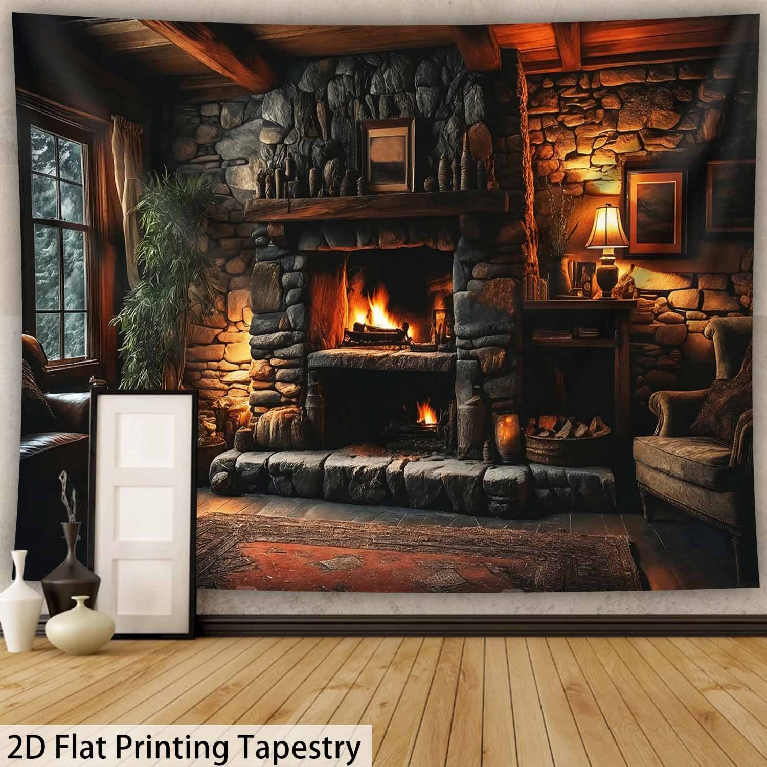 TEMU 2d Flat - 2d Flat - 1pc Of Ultra-large Tapestry Measuring 126 Inches By 94.5 Inches Featuring A Fireplace And Stone Wall Design, Perfect For