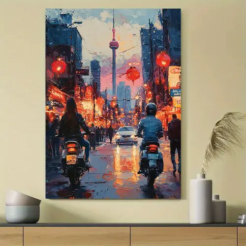 1pc vibrant cityscape motorcycle street art print frameless 12x16 scene with red lanterns reflective sky living room bedroom decor ideal gift for mothers day valentines easter thanksgiving ar