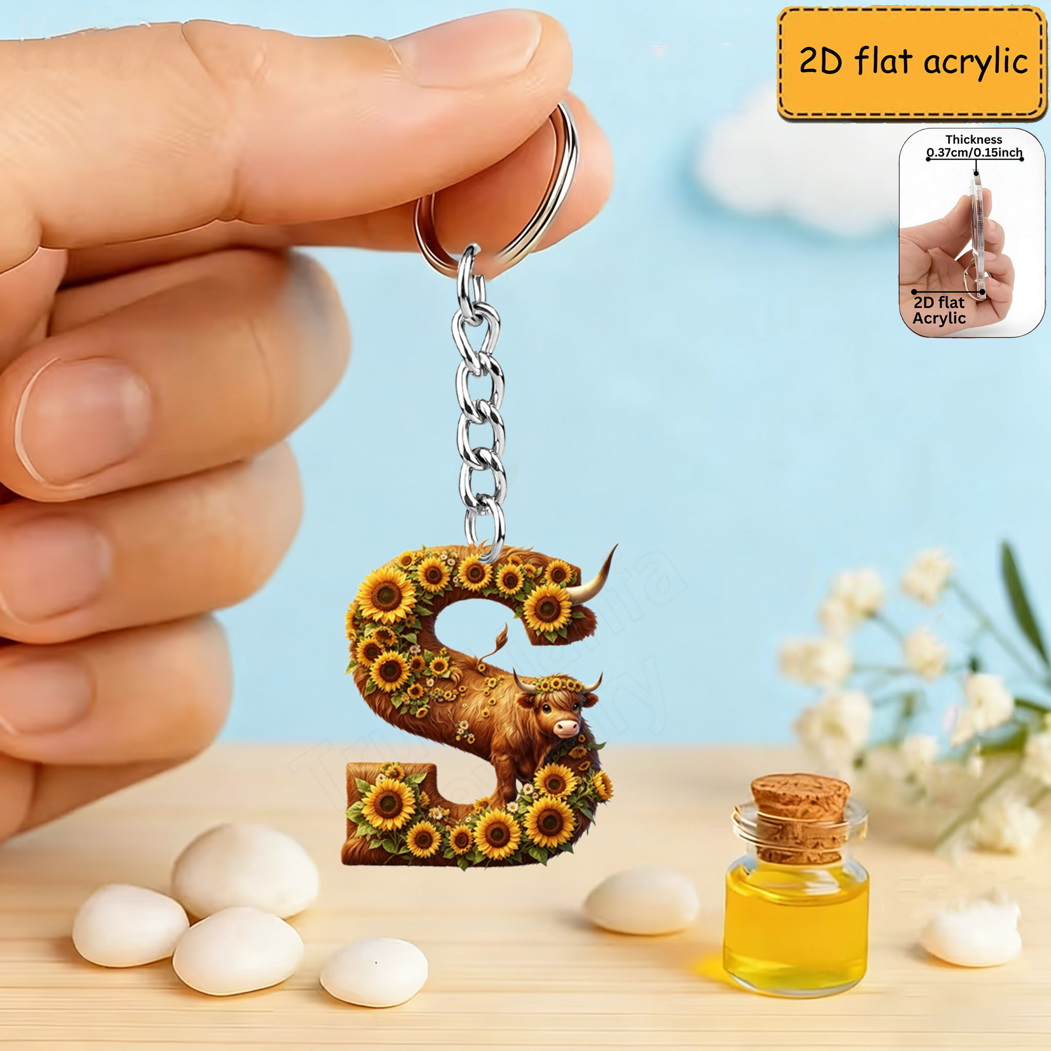 TEMU 2d Flat, 2d Graphic Design, Cool And Innovative Creative Bull And Chrysanthemum 26 Letter Keychains, Social Gifts, Fashion Accessories,