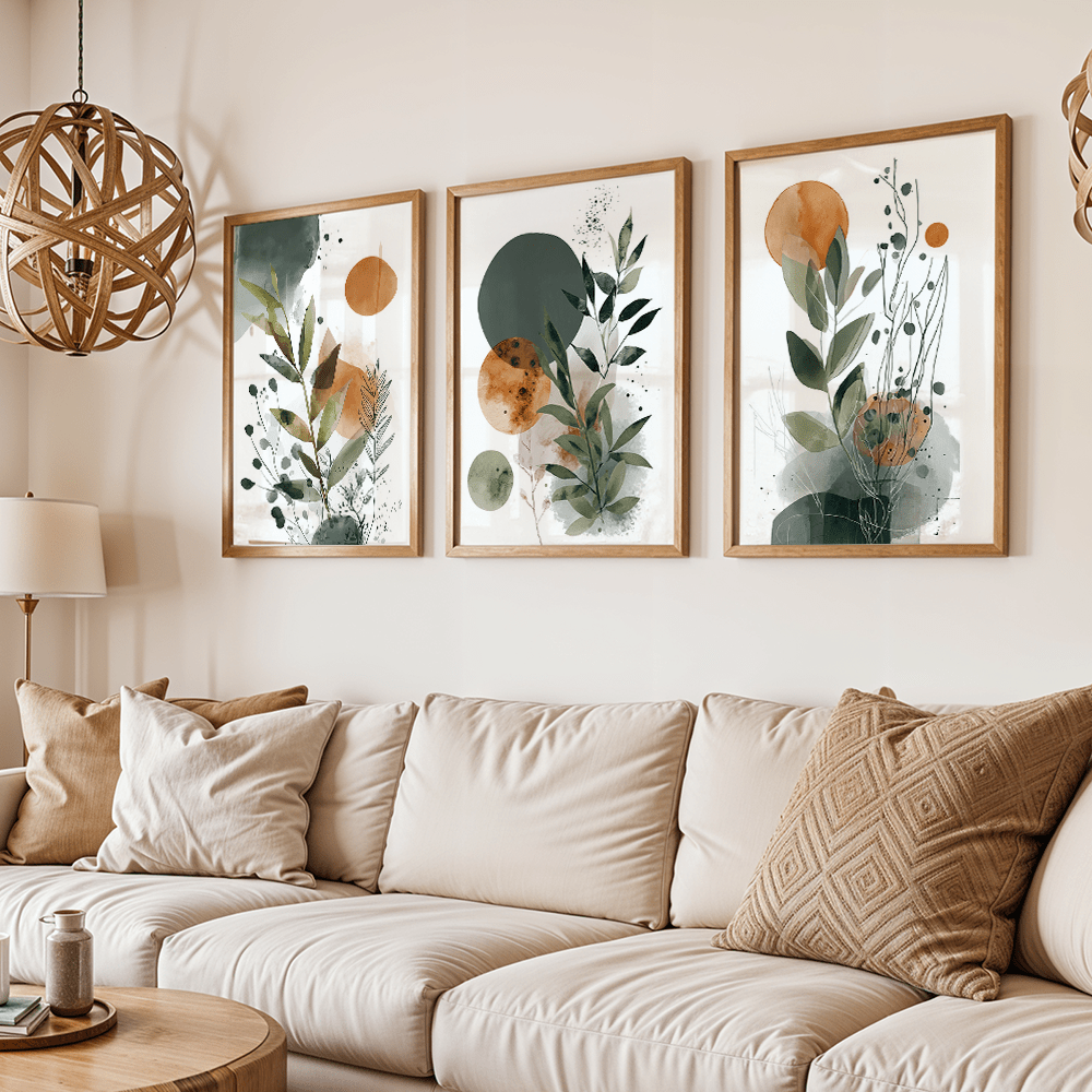 TEMU 2d Flat, 2d Flat, 3pcs Set, Wall Art, Retro Poster, Nordic Botanical Line Art Print, Orange And Sage Green Floral Canvas Painting, Unique And