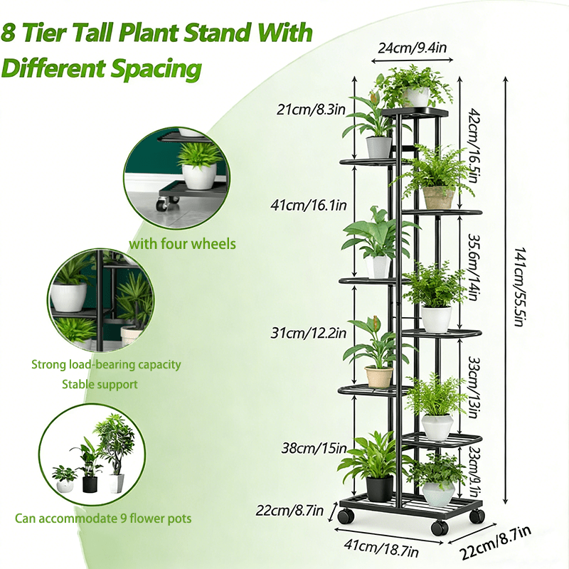 Rolling Indoor Plant Rack, 8- Level Plant Display, Elevated Plant Holder, Perfect For Different Indoor , Metal Flower Rack, Multi- Tiered Plant Shelf, Great For Home And Balcony