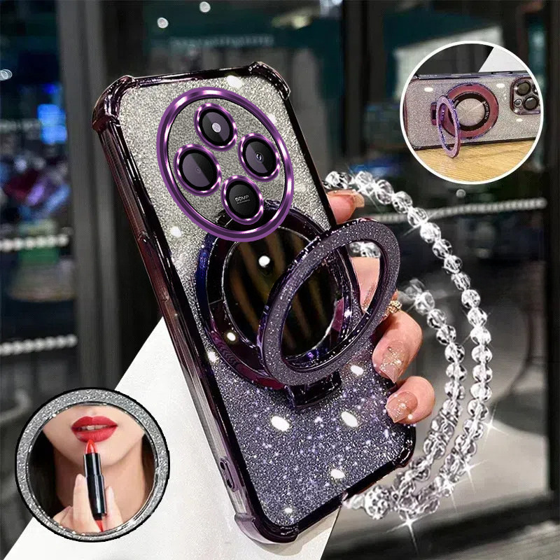 TEMU para móvil: Carcasa para Redmi 14c, de esquinas, antigolpes con espejo 3D para maquillaje, soporte para pulsera, y nueva