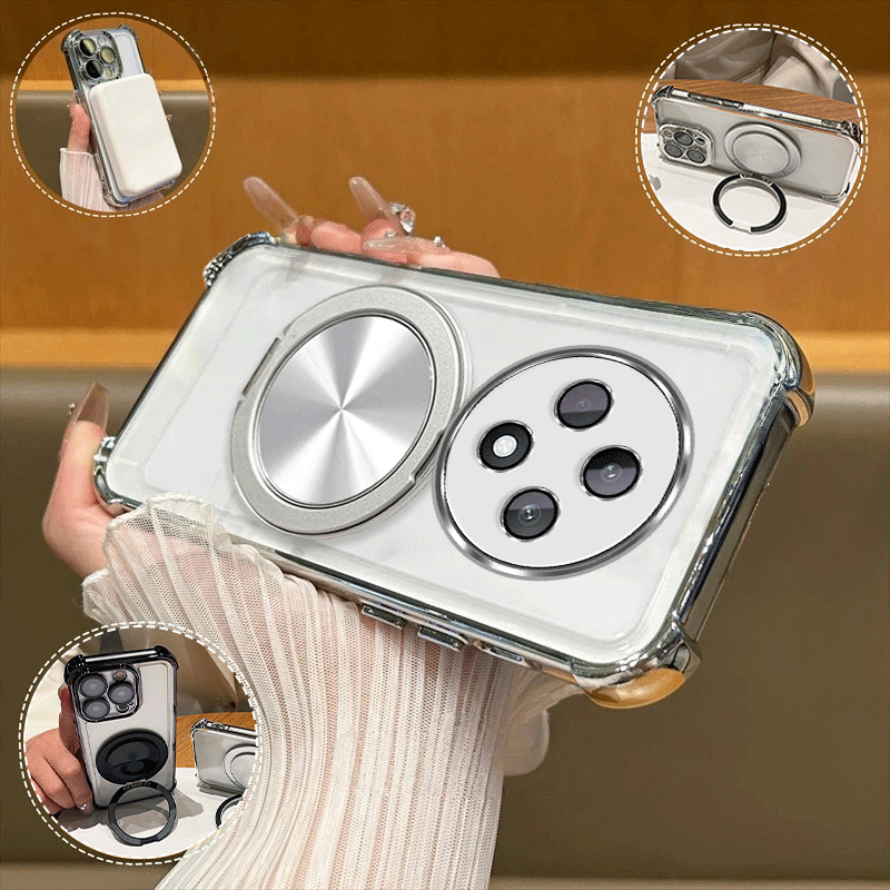 TEMU Case For Oppo Reno 12f Phone Clear Softcase Stylish Plated 360°spin Ring Magnetic Folding Stand Holder Shock-resistant Transparent Protective
