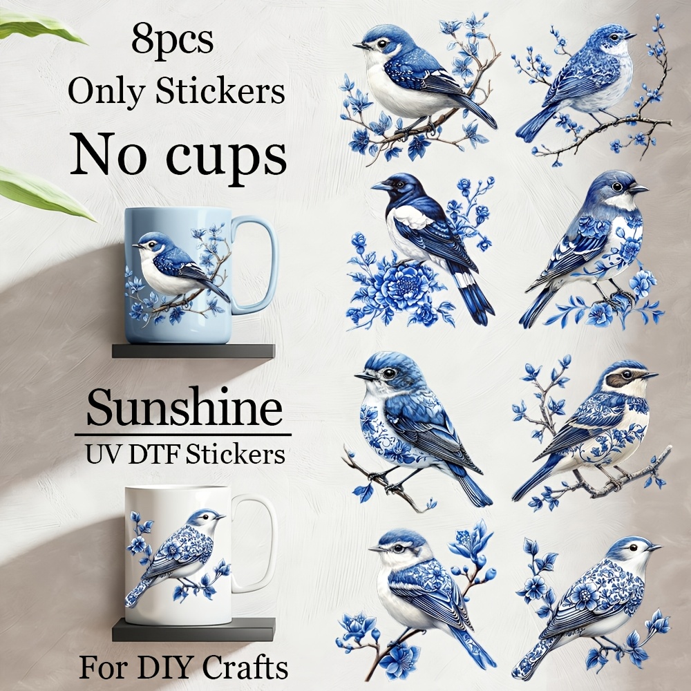 TEMU 8pcs 2d Flat Featuring Blue-and-white Porcelain-style Birds, Suitable For Mugs, Coffee Cups, Vacuum Flasks, Glass Cups, Phone Cases, Ceramic Cup