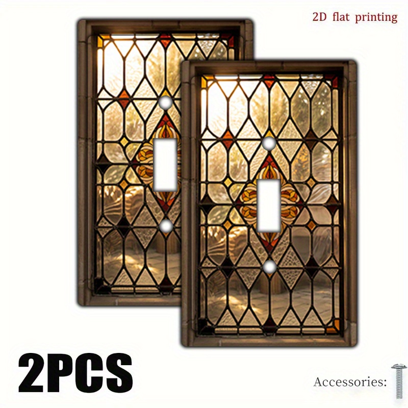 TEMU 2pcs 2d Flat Switch Cover, Stained Glass Window With Floral Motif, Design Light Switch Plate Cover Wall Plate Decorative, Receptacle For Kitchen