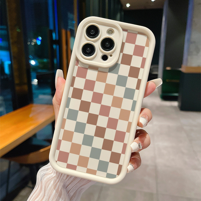 [Vintage iPhone Cover] Vintage Handcrafted Beige iPhone Cover - Multicolored Checkered Pattern, Fits Models 11-16 Pro Max Plus