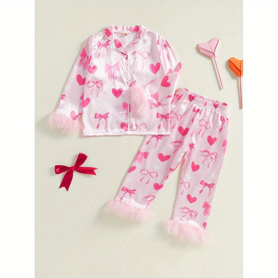 

Valentine's Day Pajama Set For Girls 1-9 Years - Cozy & Bow Print With Fluffy Trim, Button-up Lapel Collar Top & Waist Long Pants - Soft Polyester Loungewear, Girls Pajama Set