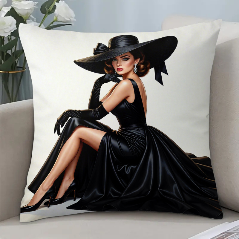 TEMU 1 pièce Taie d'oreiller 17.7x17.7 pouces avec impression d'une dame vintage - Housse de coussin douce en peluche avec fermeture éclair, convient