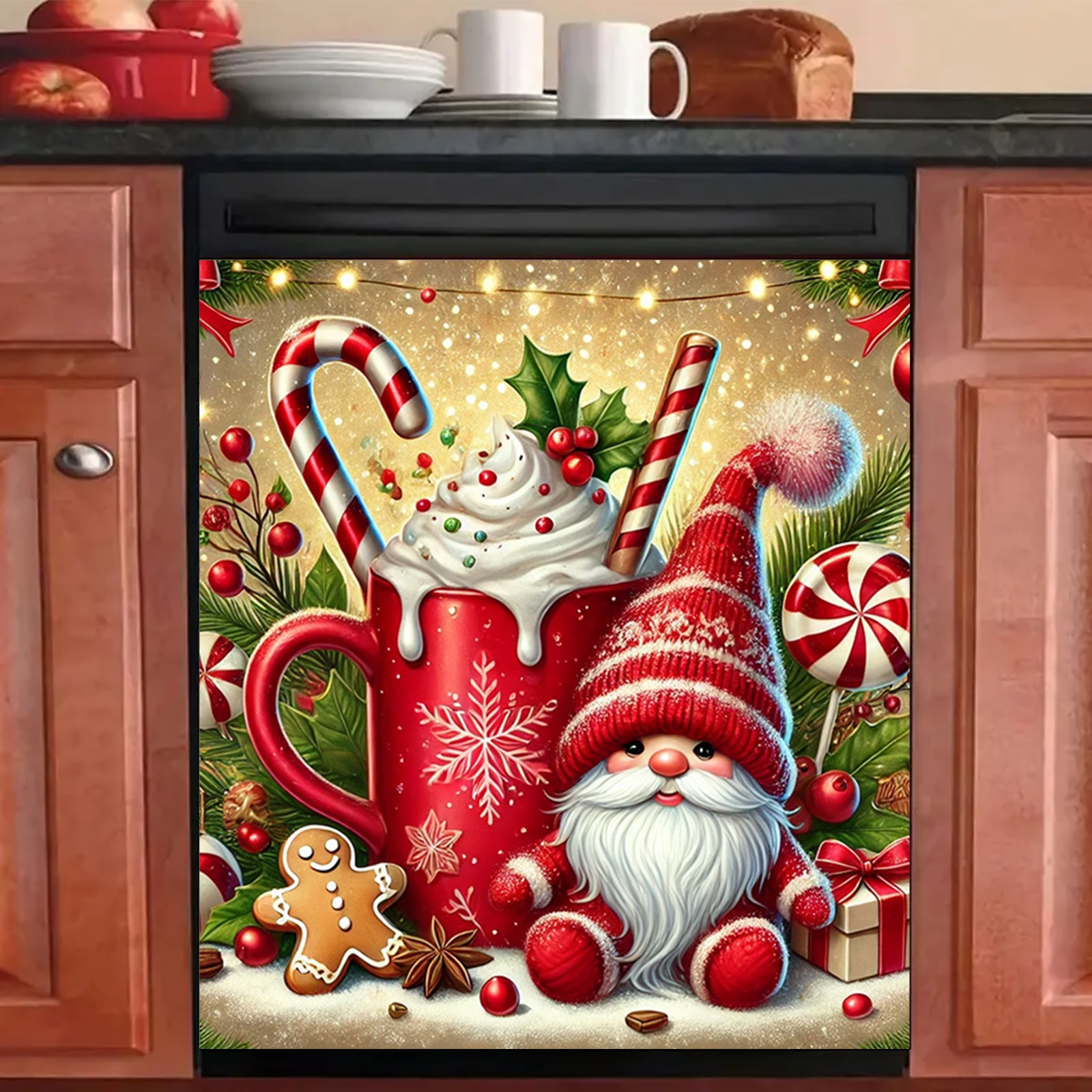 TEMU Housse de lave-vaisselle 2D plate 1 pièce sur le thème de Noël - gnome/ en pain d'épices/boîte cadeau/sapin/bonbons, nettoyage facile colle,