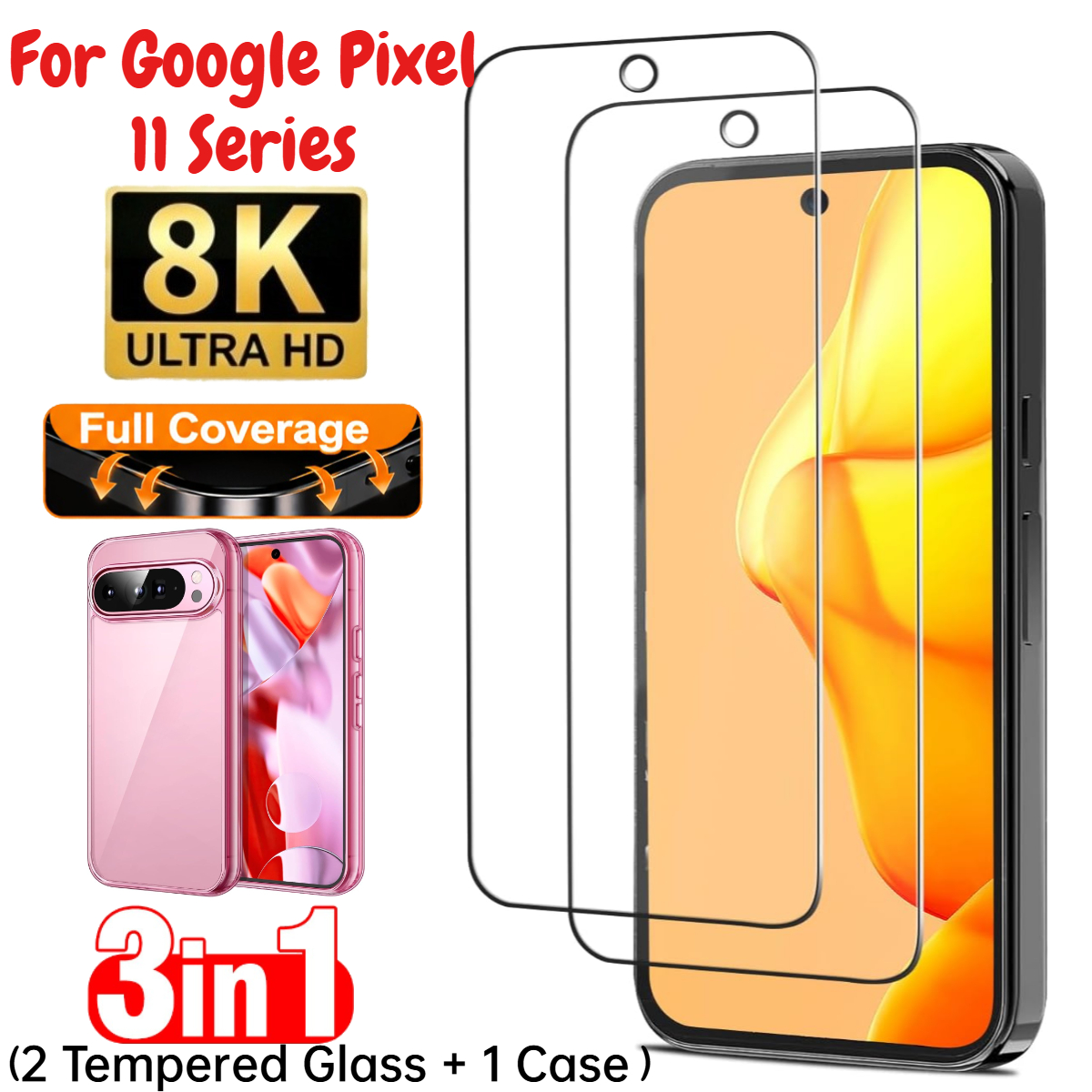 TEMU 3in1 2pcs Ultra Hd Tempered Glass Screen Protector And 1pc Case For Google Pixel 7/7a/8/8a/8 Pro/9/9a/9 Pro/9 Pro Xl/10/10a/10 Pro/10 Pro
