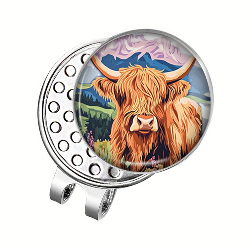 TEMU 1pc Highland Cow In The Mountains Round Glass Dome Hat Clip Golf Ball Clip