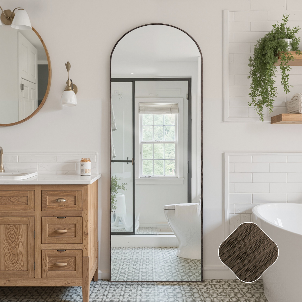 Curved Bathroom Mirror 161x52cm, Wood-style Aluminum Frame, Wall-mounted Or Stand Alone, High-definition Distortion-free Safety Glass, Ideal For Bathroom Vanities And Cloakrooms
