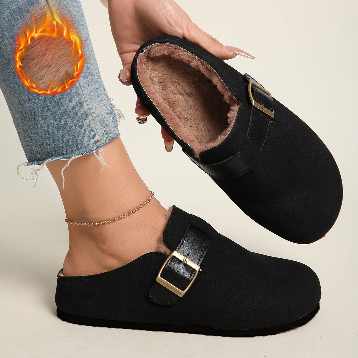 TEMU Fashionable All-match Women's Shoes New Women's Mule Shoes Fall Winter Fleece Soft Sole Comfortable Non-fatiguing Half-slip Casual -foot-step
