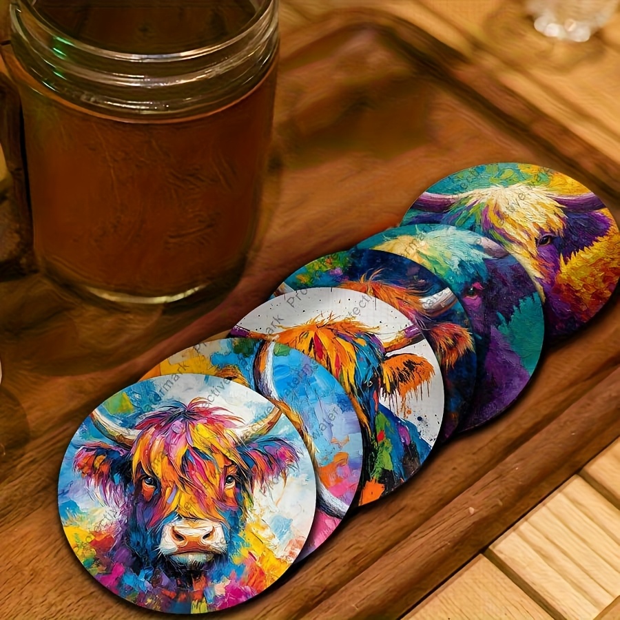 TEMU 6 And Humorous Painted Highland Cow Wooden Coasters - Heat-resistant, Non-slip, Hand-washable, Featuring Vibrant Highland Cow Designs, Perfect