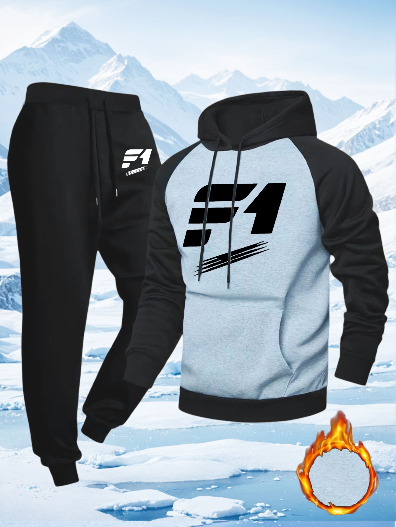 2pcs Men'S F1 Logo Hoodie and Belted Pants Set | Casual Sport Style with Dynamic Lines and Bold Fonts, Regular Fit for Autumn and Winter, Long Sleeve, Hooded, Slight Stretch Fabric, Geometric Pattern, Hot Stamping Detail