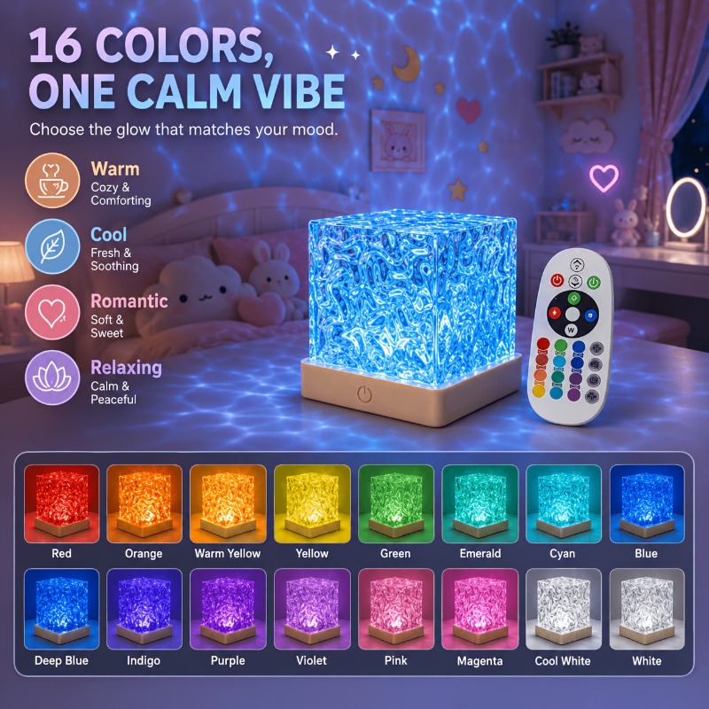 TEMU 1pc Water Ripple Ambient Night Light, Dimmable Remote Control Night Light, 16-color Decorative Projection Lamp With Control, Usb-powered, Remote