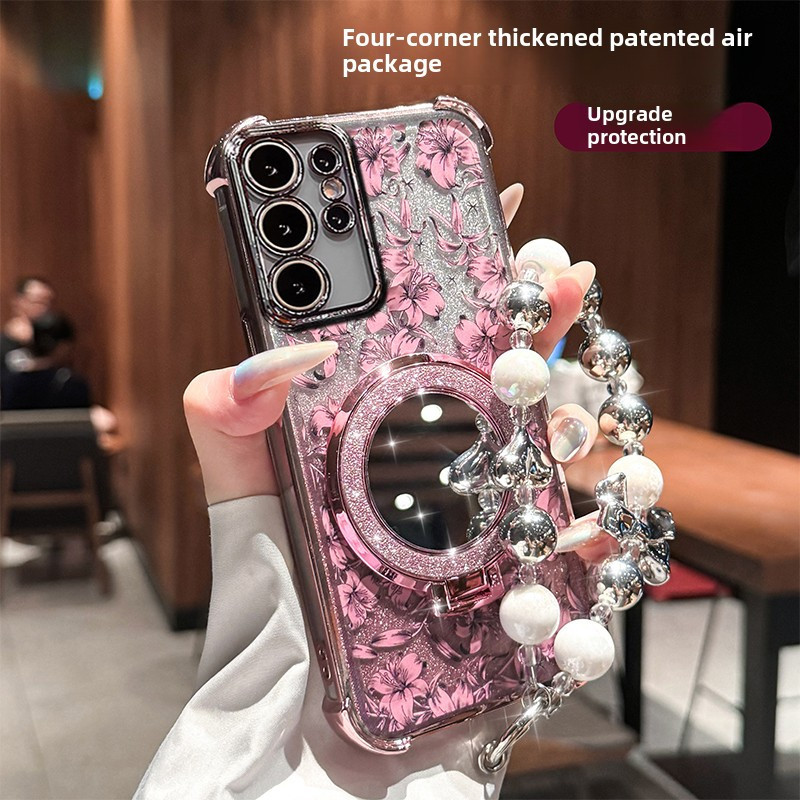 

Mobile Phone Case With Touch-up Mirror Suitable S24ultra/s24/s23/s23u Mobile Phone Case S23fe Four-corner Anti-fall Galaxys22plus New Bracelet For Girls S24 High-end Glitter Magnetic Holder