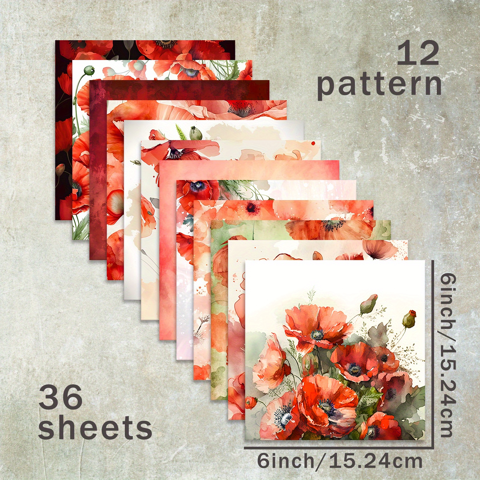 E-shop 36 Blätter von 15 cm großem amerikanischen Mohnblumen-Rot-Hintergrund-Skrapbapier, geeignet für Bullet Journal, Junk Magazine,
