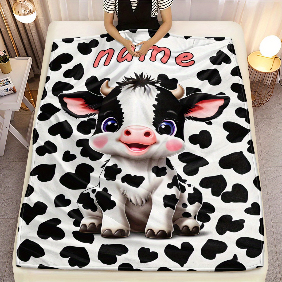 TEMU Couverture Personnalisée avec Nom, Vache Mignonne Imprimée - Couverture en Flanelle Légère , l'Équipement de Lit, Convient pour les Canapés, les