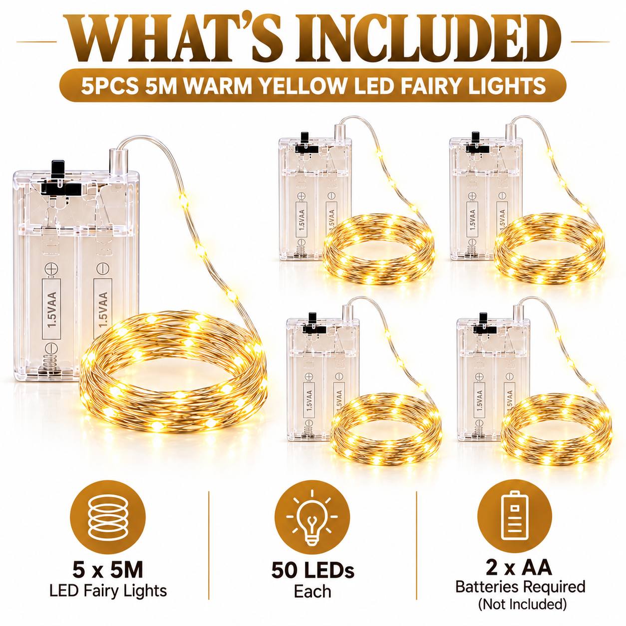 TEMU Ensemble de 5 pièces : Guirlande Lumineuse LED de 5 mètres (50 ampoules), Lumières Décoratives Flexibles à Fil Argenté à Piles; Disponible en
