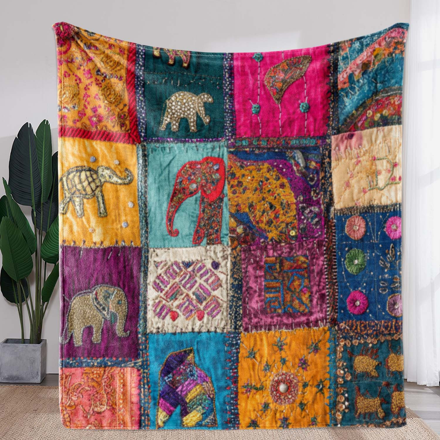 

Couverture Patchwork Éléphant Vintage Colorée - Douillette, en Flanelle Douce avec Détails à Franges, pour Canapé, Lit, Voiture, Bureau, Camping & Voyage - Légère, Chaude pour Toutes les , Multicolore