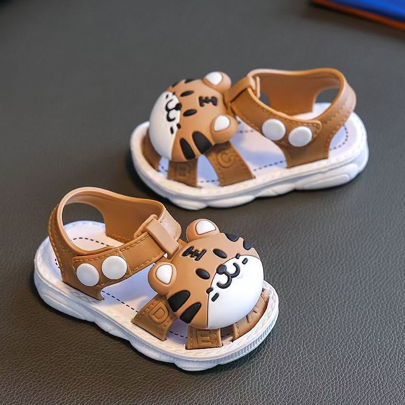 Infant Cartoon Tiger Sandals for Boys and Girls - Summer 2024 Soft Sole Anti-Slip Toddler Walking Shoes with Buckle Closure, Low Top, PVC Upper, Sole and Insole - Baby Protective Toe Cap Sandals