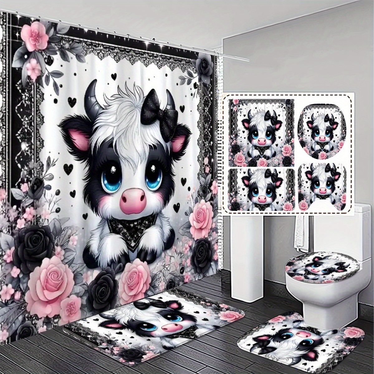 TEMU 2d Flat, 4pcs, Cartoon Cute Cow Design 2d Curtain With 12 Hooks. And Non-slip Bath Mats + Toilet Lid Cover For Bathroom Decor Suitable For