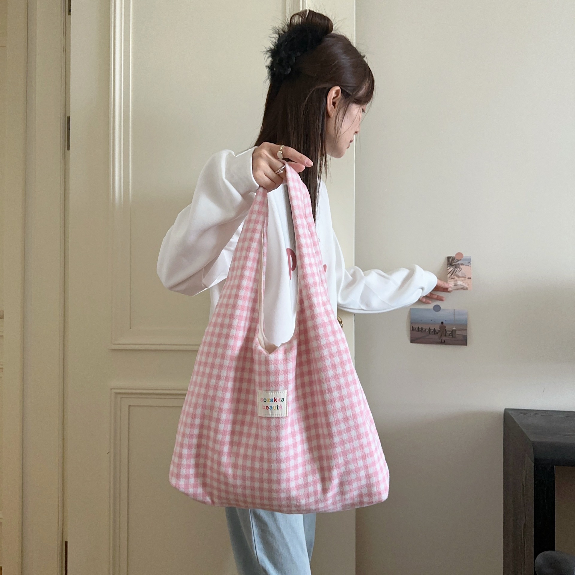 Pink Gingham Hobo Tote Bag Large Capacity Casual Shoulder Purse_voghion.com