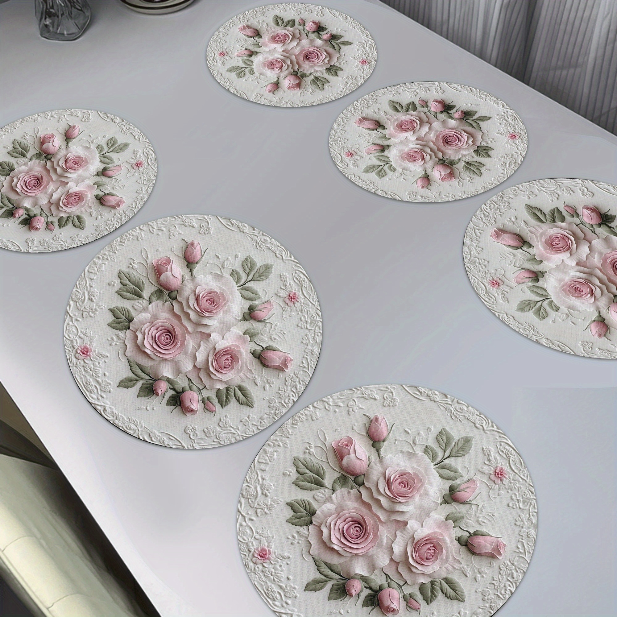TEMU 6pc Spring/summer 3d Rose Texture Printed Meal Mat, 15 Inch Round Meal Mat, Kitchen And Restaurant Meal Mat, 2d Graphic Design, Non Multi Layer