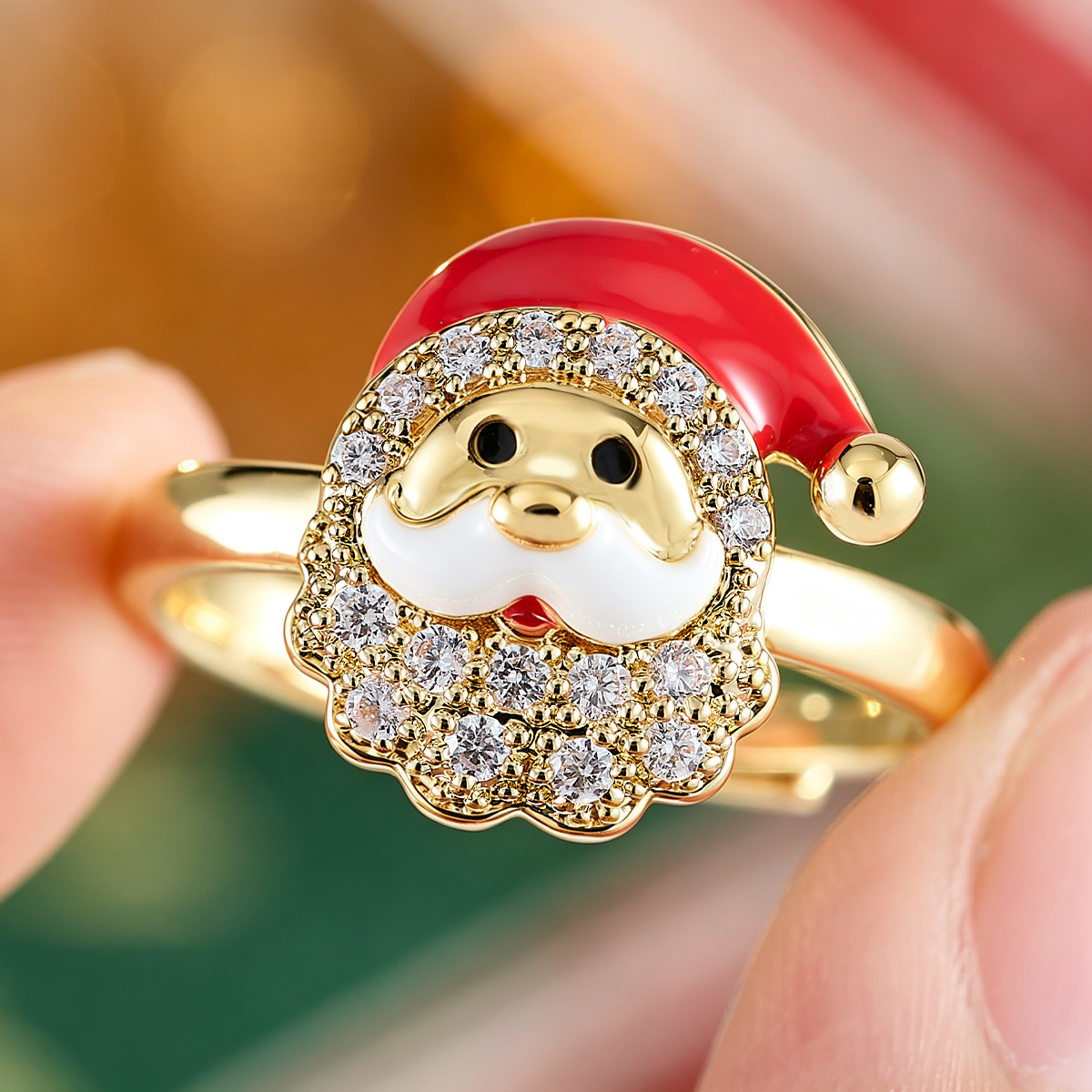 Copper Santa Claus Design Open Ring with Zirconia, Festive Jewelry