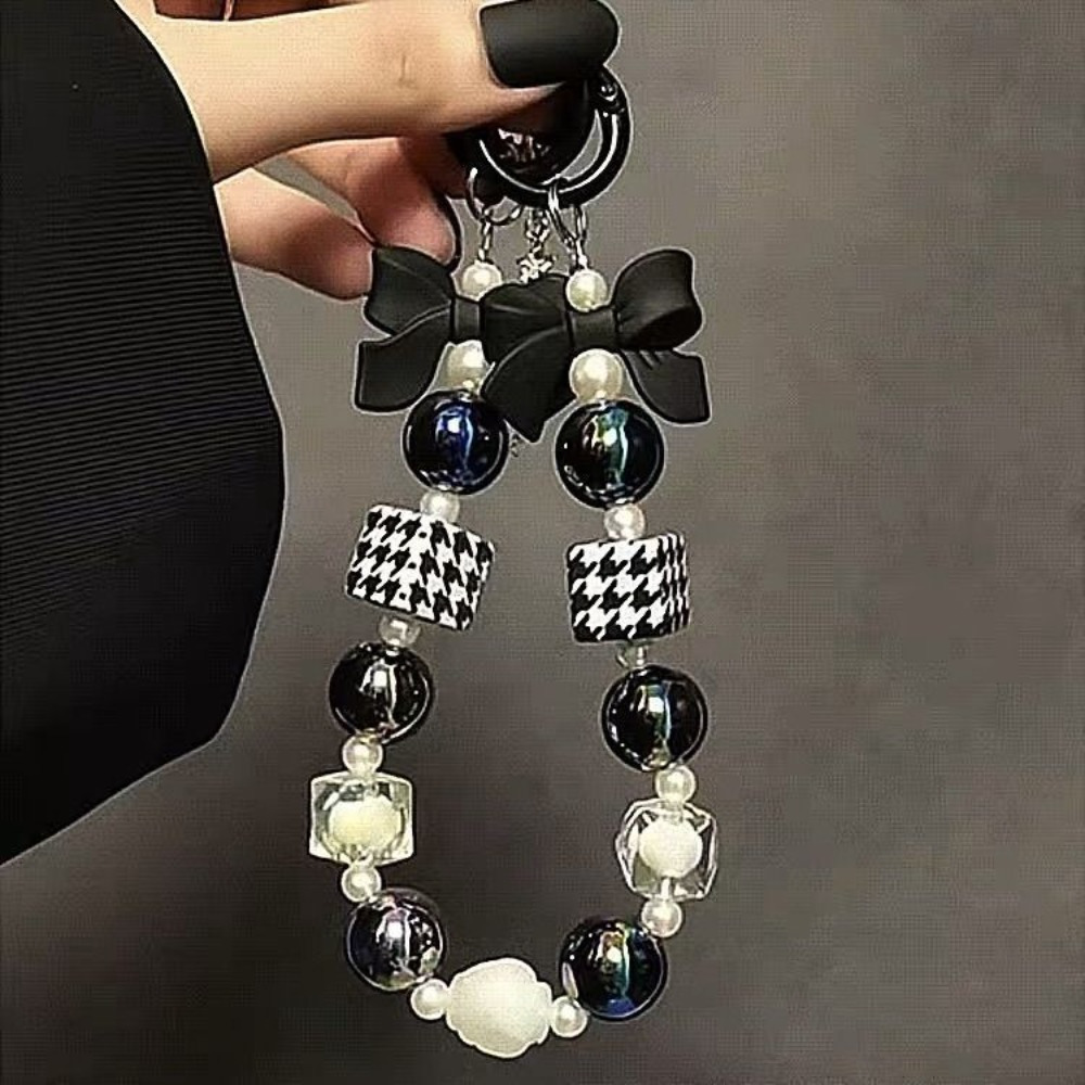 TEMU Elegant Black And White Electroplated Beaded Bow Keychain With Pearl And Crystal Accents - Durable Abs Material, Mobile Phone Pendant And