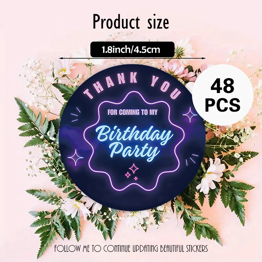 TEMU 48pcs96pcs144pcs Neon Light " To My Birthday Party" Round Stickers, Party Decorations, Envelopes, Gift Boxes, Celebration Gifts, Etc. Great For