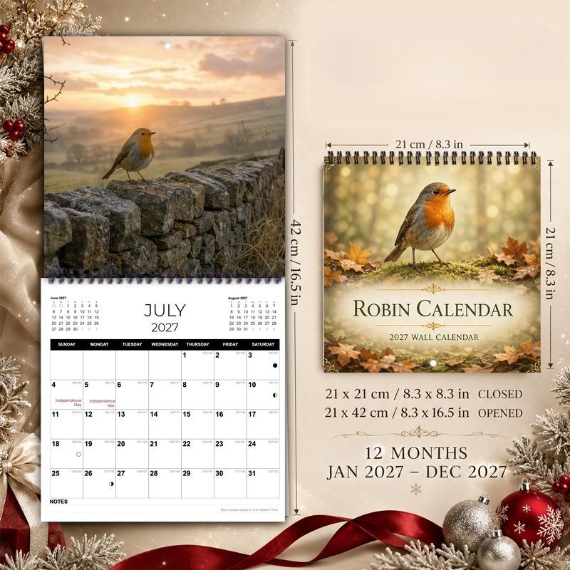 TEMU Calendrier mural 2027, Calendrier mural oiseau Robin 2027, Planificateur mensuel 12 mois, Calendrier à spirale à double , Thème automne, Cadeau