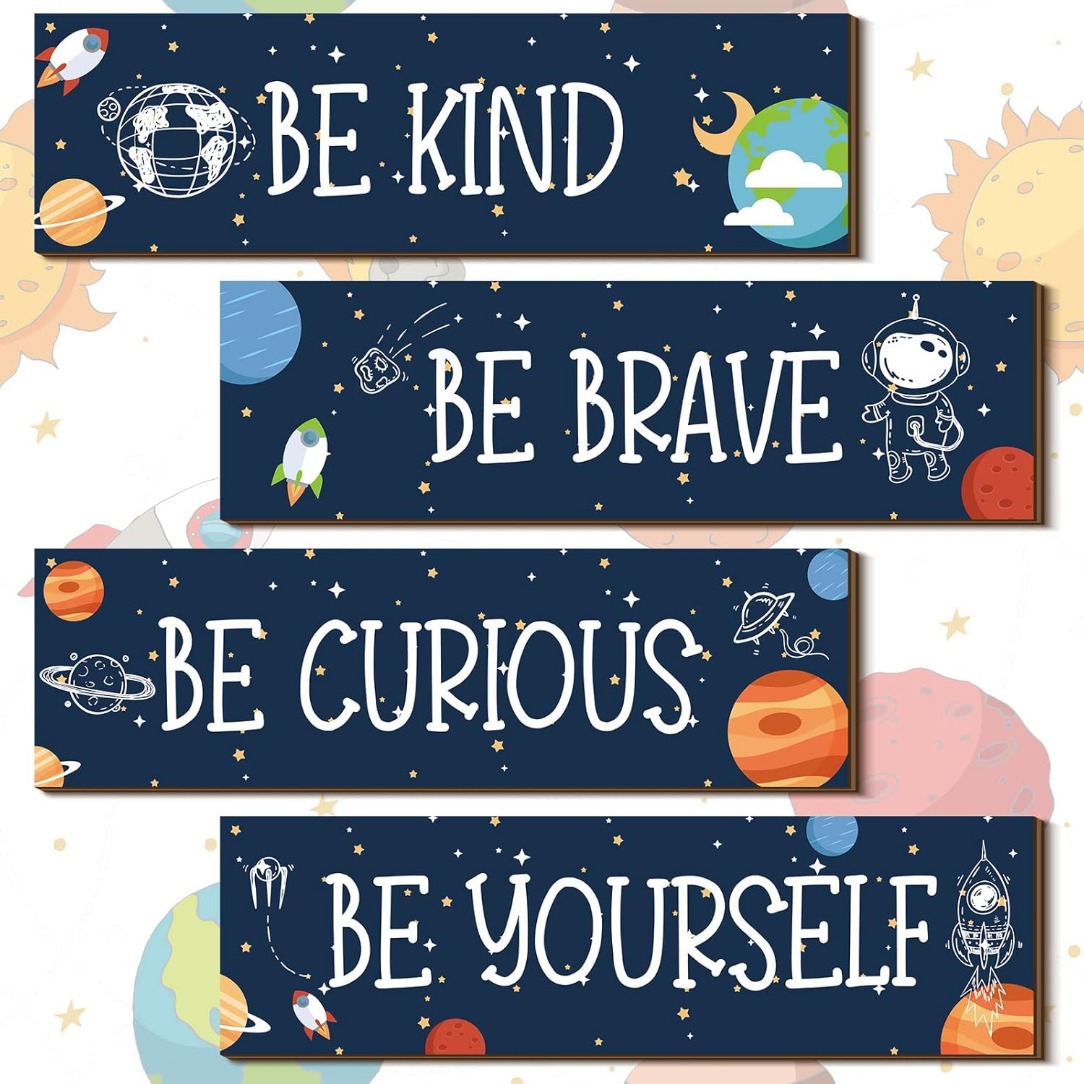TEMU Set Of 4 Frameless Space-themed Bedroom Decor Inspirational Wall Signs Made Of Wood, Motivational Symbols, Outer Space Room Decoration, Suitable