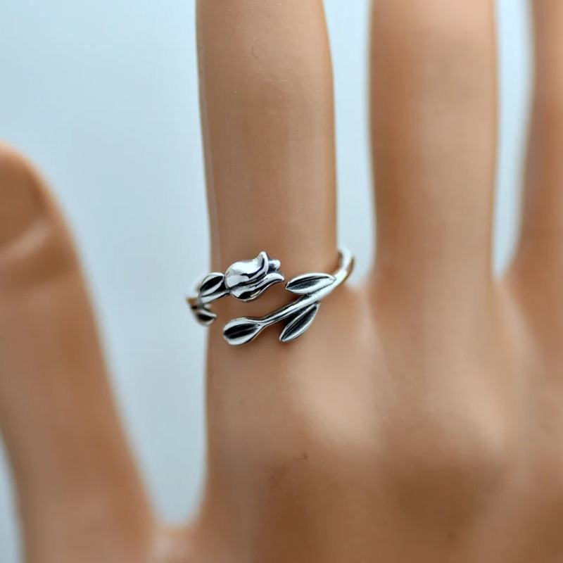 Bohemian Rose Flower Adjustable Ring, Retro Style