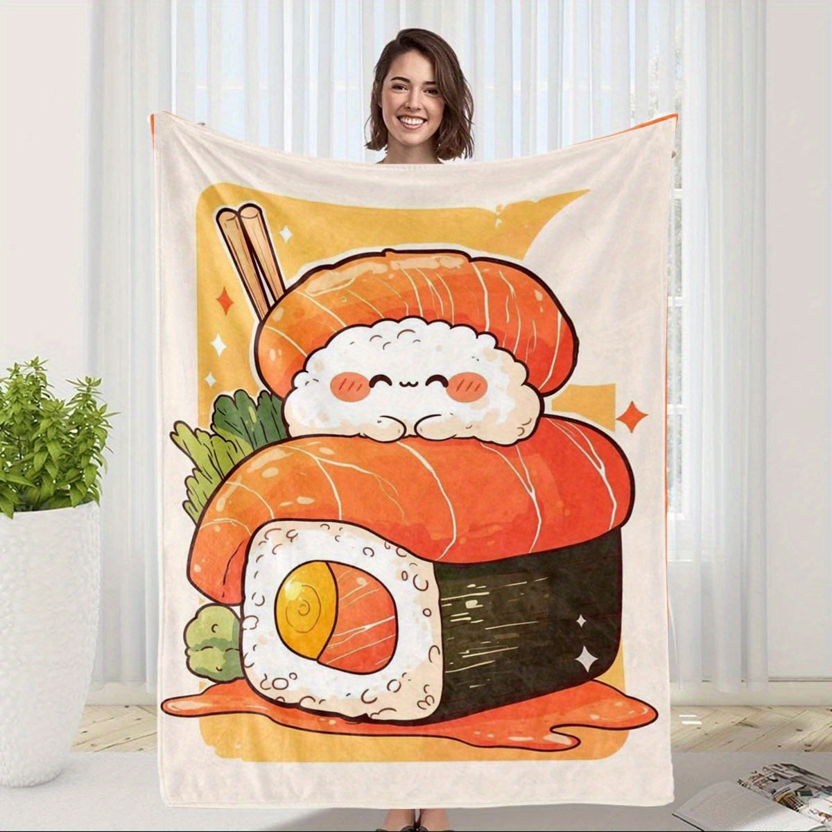 

Contemporary Sushi-themed Flannel Blanket, 100% Polyester, Knitted Throw For Sofa, Bed, Travel, Camping - Ideal Gift For Home