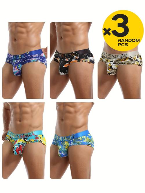 3pcs random color mens digital printed underwear loose breathable mesh fabric quick drying close fitting mens underwear