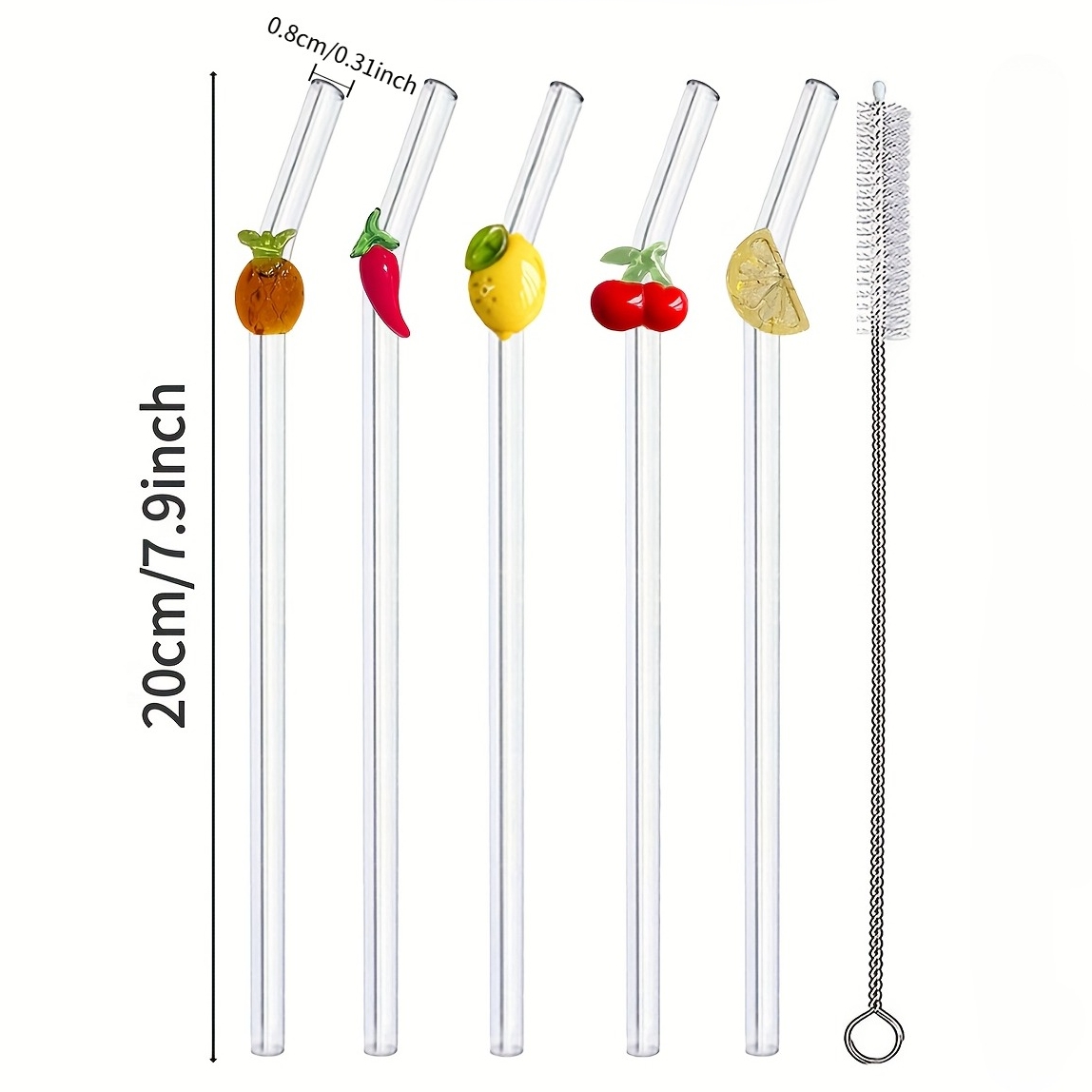 E-shop 5er-Pack Wiederverwendbare Glasstrohhalme mit Zierknöpfen | Gebogene und Trinkhalme Set mit Reinigungsbürste für heiße & kalte Getränke, ,