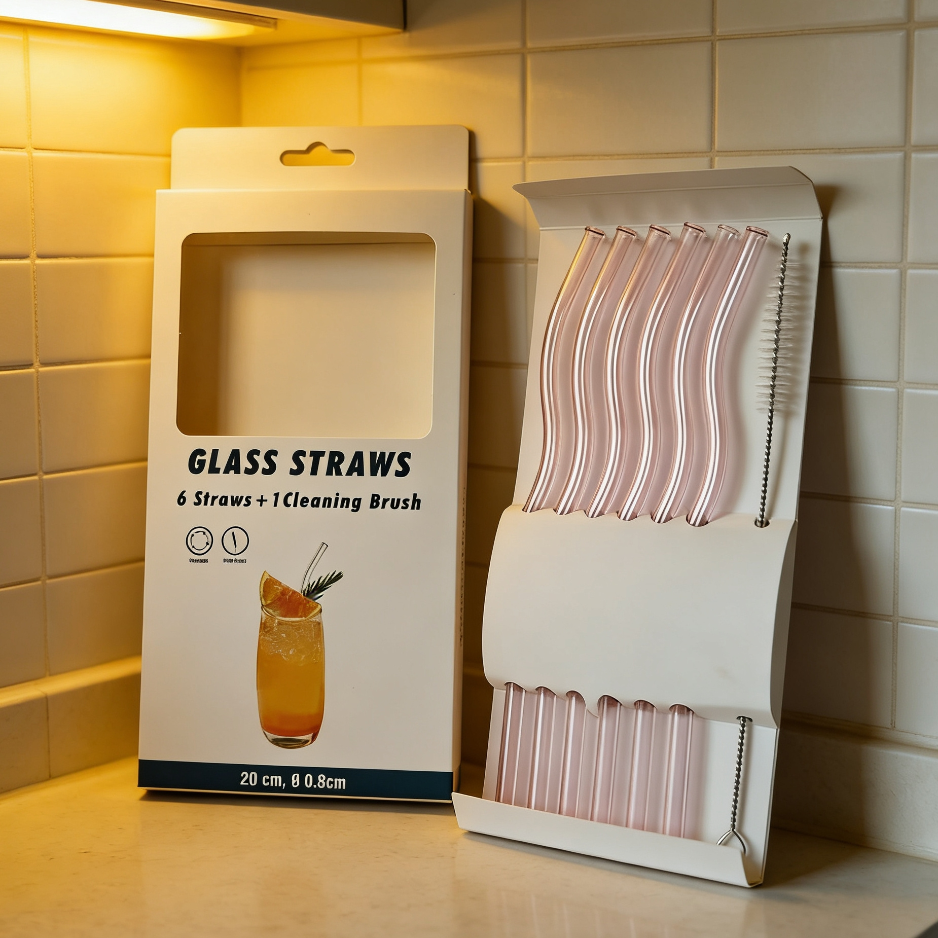 E-shop 6er-Pack Wiederverwendbare Wellenglasstrohhalme für Saft, Tee, Kaffee, Cocktails – Bunte/Rosa Wellentrinkhalme mit Reinigungsbürste, Glas- &