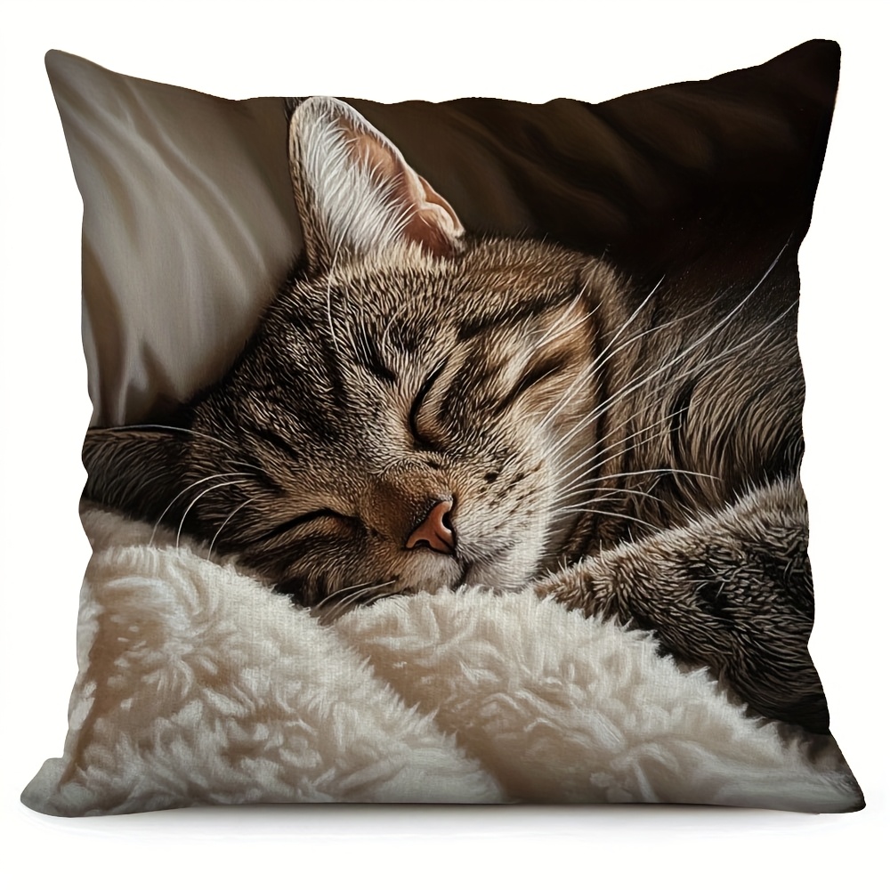TEMU 1pc Pillowcase, Modern Cat Face Decorative Cushion Cover - Realistic Design, With Zipper Closure, Made Of Soft And Smooth Polyester Short Plush